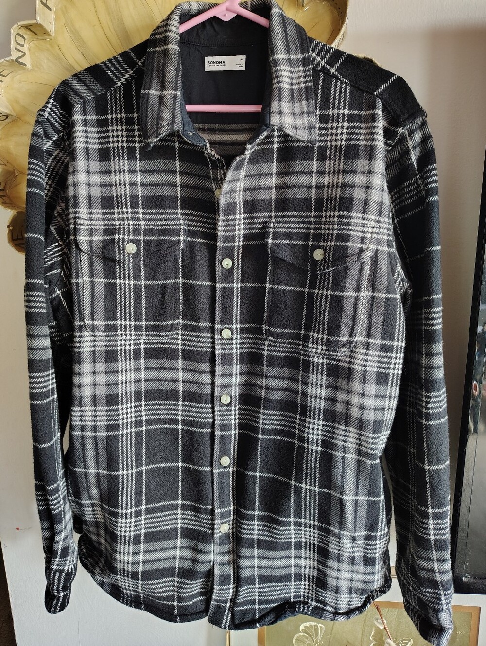 Sonoma Shacket Flannel Coat Plaid Black White Heavy Men's Sz M